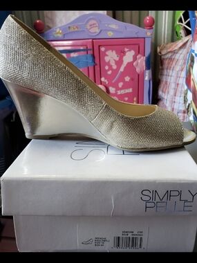 Simply Belle Metallic Gold Peep-Toe Wedge Heels